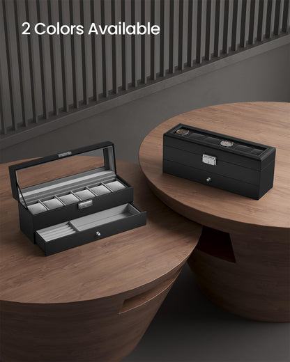 SONGMICS Watch Box, 6-Slot Watch Case Organizer with Large Glass Lid, 2 Layers, Removable Pillows, Metal Lock, Gift for Loved Ones, Black Synthetic Leather, Christmas Gift, Gray Lining UJWB060G01 🍁 All In One Marketplace Canada