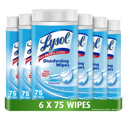 Lysol Disinfecting Wipes, Crisp Linen, Thick Strong Wipe, Kills 99.99% of Viruses & Bacteria, Bulk Pack of 6, 450 Count (6 x 75 count) 🍁 All In One Marketplace Canada