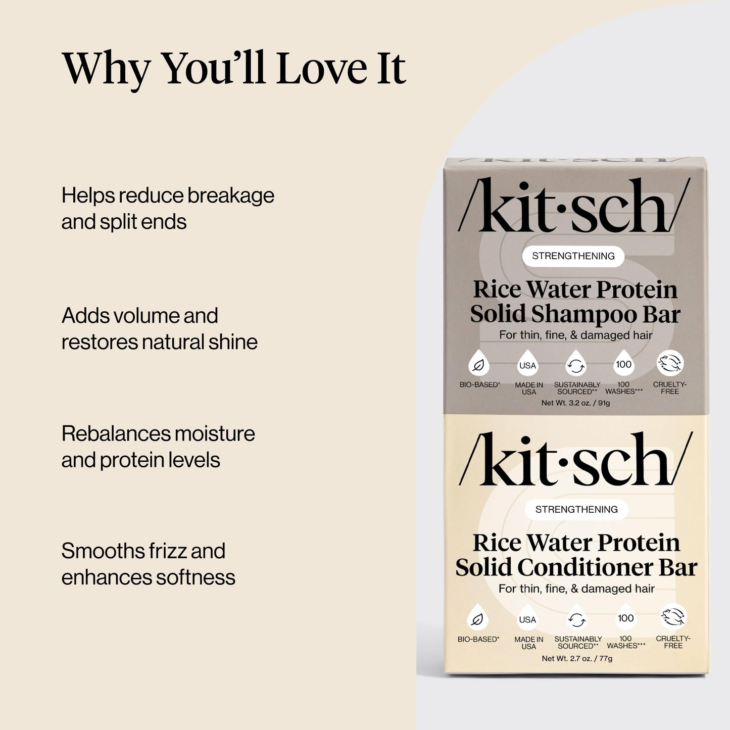 Kitsch Rice Water Protein Solid Shampoo and Conditioner Set for Hair Growth – Strengthening Hair Care Duo w/Rice Protein & Vitamins for Damage Repair – Paraben, Sulfate & Silicone Free – 2 Pack - Available at All In One Marketplace Canada