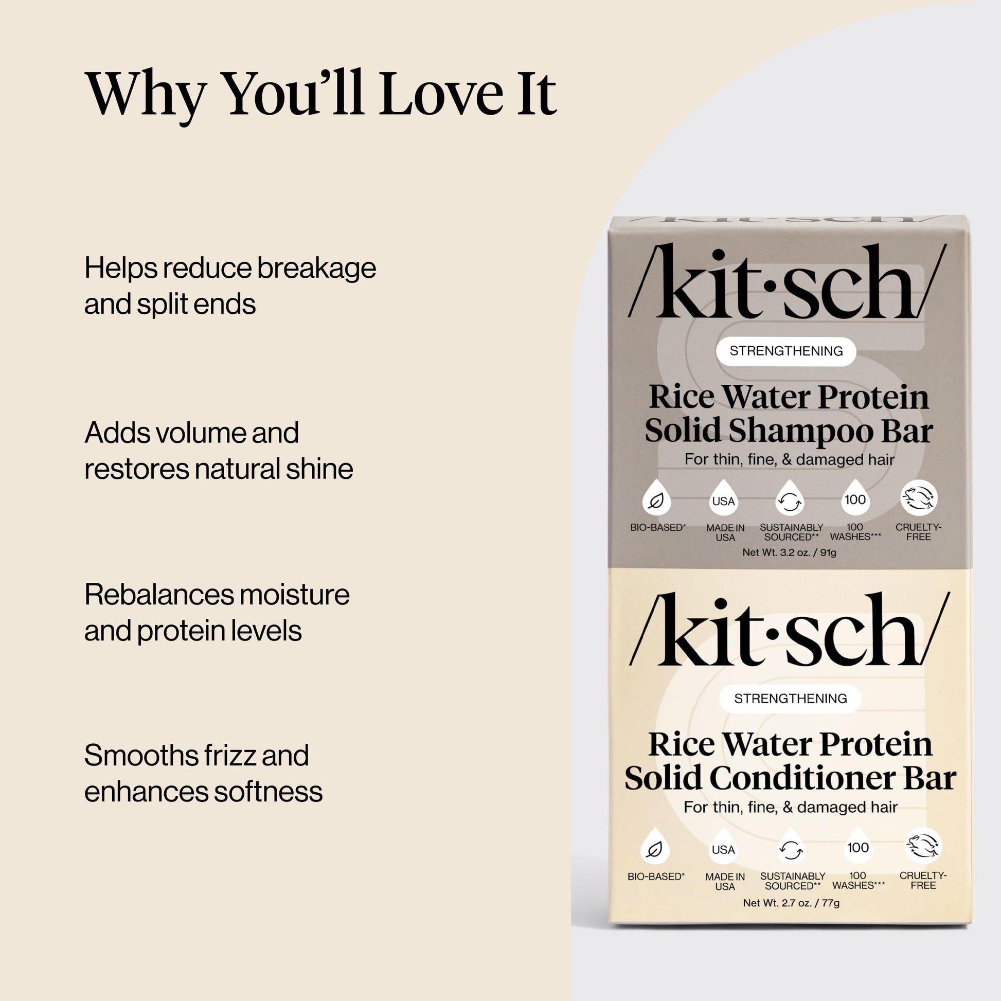 Kitsch Rice Water Protein Solid Shampoo and Conditioner Set for Hair Growth – Strengthening Hair Care Duo w/Rice Protein & Vitamins for Damage Repair – Paraben, Sulfate & Silicone Free – 2 Pack - Available at All In One Marketplace Canada