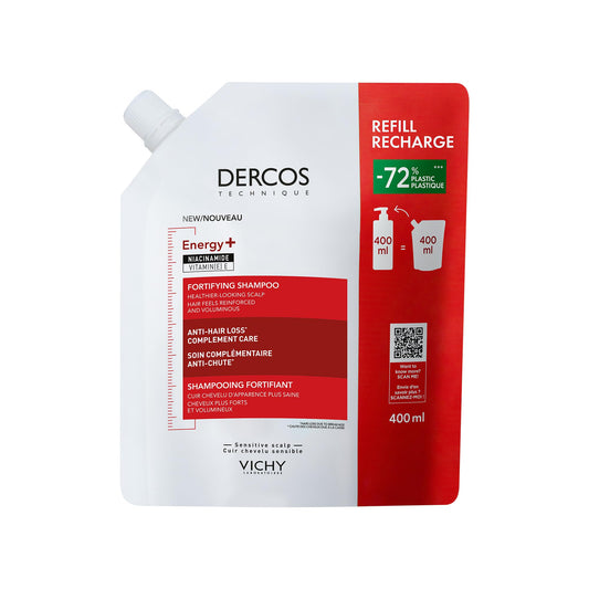 Vichy Fortifying Shampoo Refill, Dercos Energy+ Hair Shampoo with Niacinamide & Vitamin E to Protect, Thicken, & Strengthen Hair. Reduce Frizz & Hair Breakage. Recommended by Dermatologists, 400mL - Available at All In One Marketplace Canada