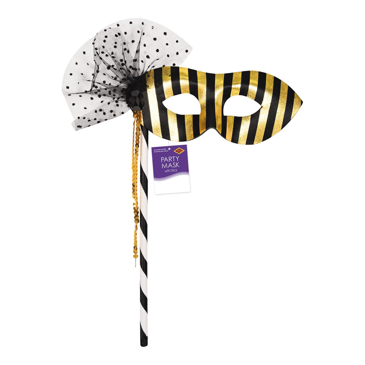 Beistle 3 Piece 12.5" x 8.25" Mardi Gras Party Masks with Sticks, Halloween Costume Accessories