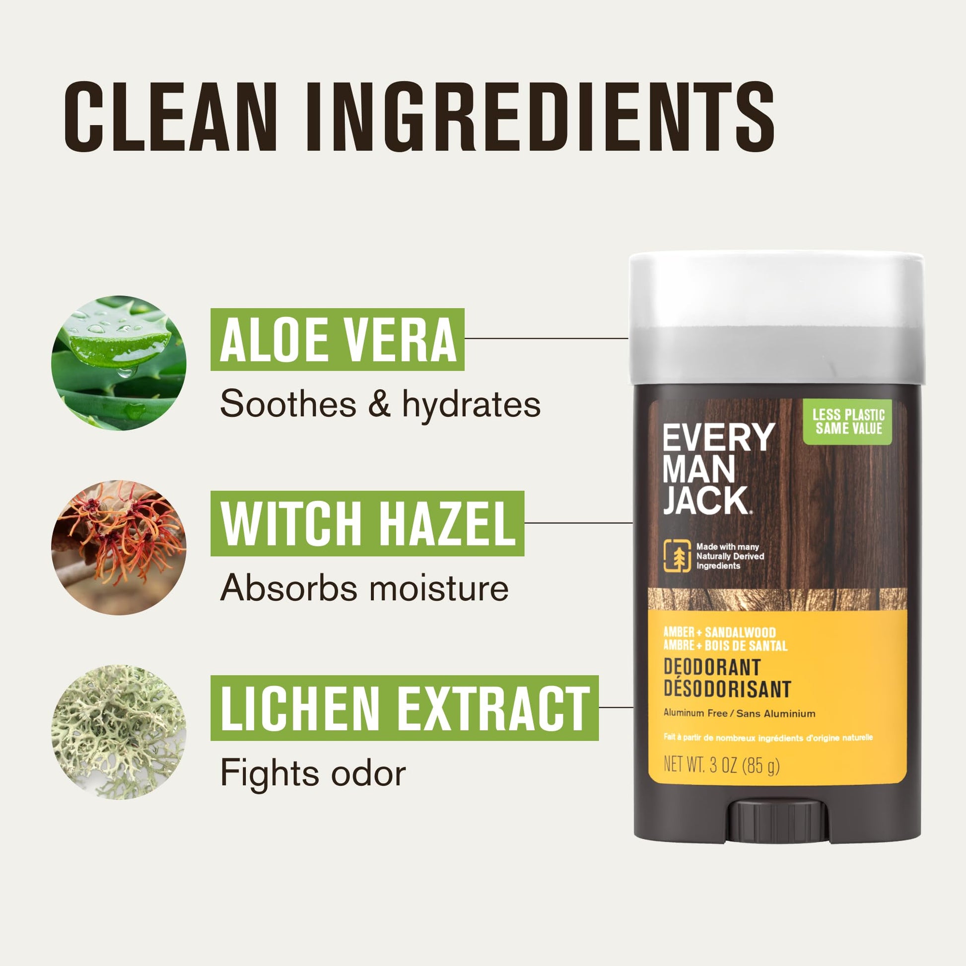Every Man Jack Men's Deodorant Variety Set - Three Full-Sized Deodorant Sticks with Clean Ingredients & Incredible Scents - Cedar + Red Sage, Amber + Sandalwood, Sea Mineral + Citron - 85g (3 Pack) - Available at All In One Marketplace Canada
