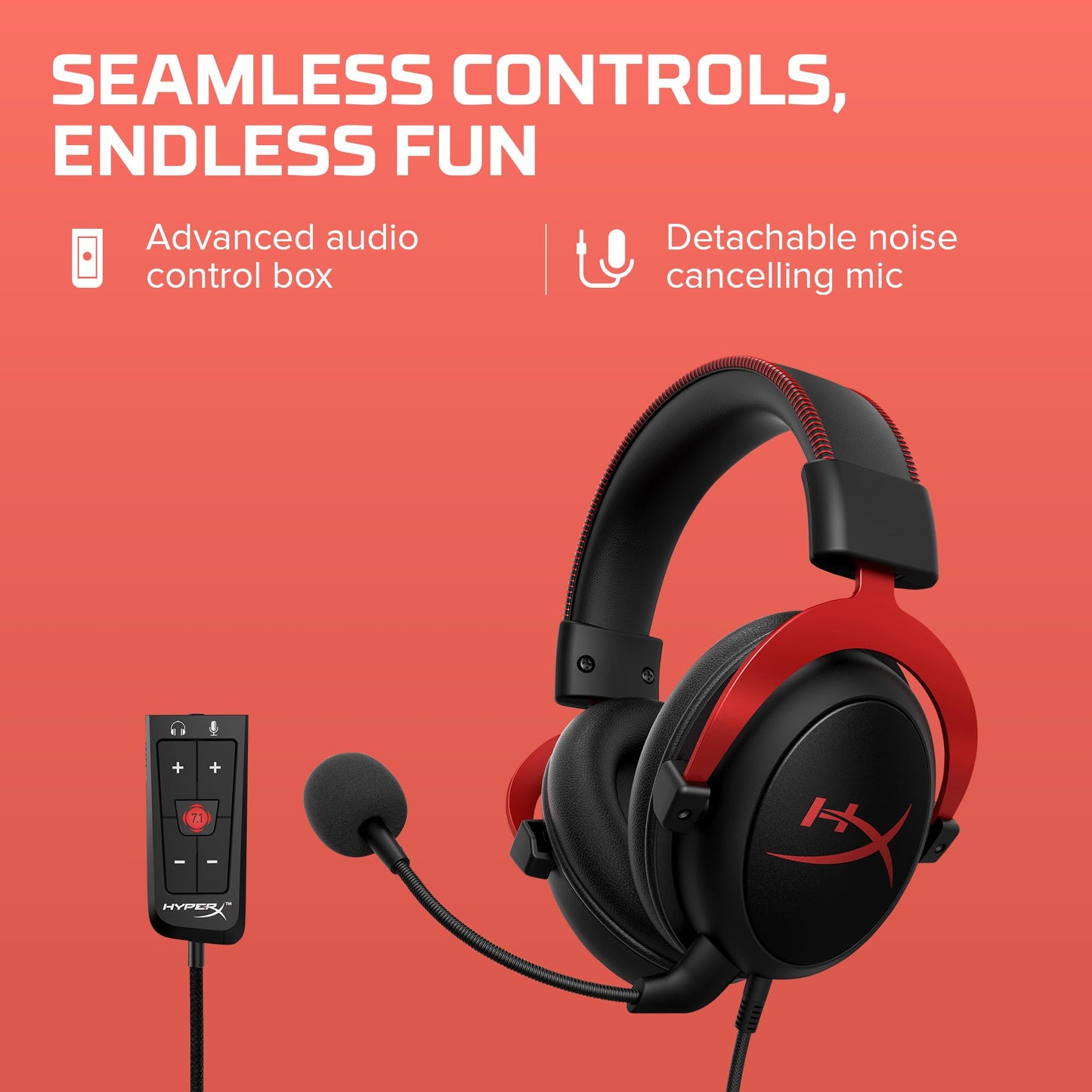 HyperX Cloud II - Casque de jeu, son surround 7.1, coussinets d'oreille en mousse à mémoire de forme, cadre en aluminium durable, microphone détachable, compatible avec PC, PS5, PS4, Xbox Series X|S, Xbox One – Rouge