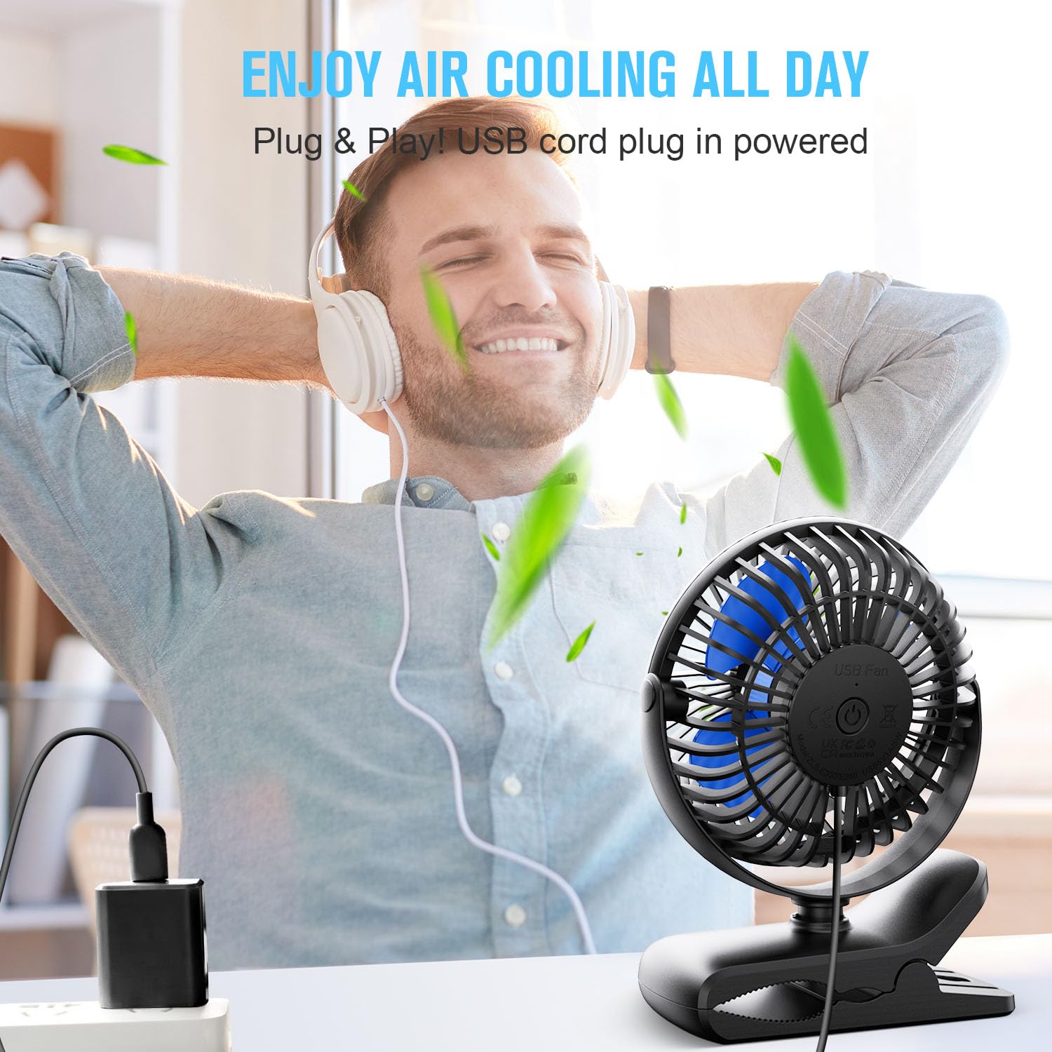 BESKAR USB Powered Clip on Fan, Portable Small Fan with Cord, 3 Speeds Strong Airflow, Personal Fan with Sturdy Clamp, Quiet Desk Fan & Clip Fan - Available at All In One Marketplace Canada