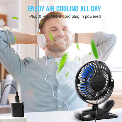BESKAR USB Powered Clip on Fan, Portable Small Fan with Cord, 3 Speeds Strong Airflow, Personal Fan with Sturdy Clamp, Quiet Desk Fan & Clip Fan - Available at All In One Marketplace Canada