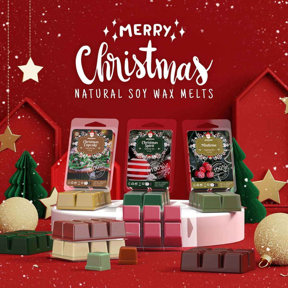 ARVIDSSON Christmas Scented Wax Melts, Winter Soy Wax Cubes for Wax Warmer, Strong Scent Wax Candle Melts, Holiday Wax Tarts Gift Set, Apple Cinnamon, Christmas Spirit, Gingerbread, Canberry 🍁 All In One Marketplace Canada