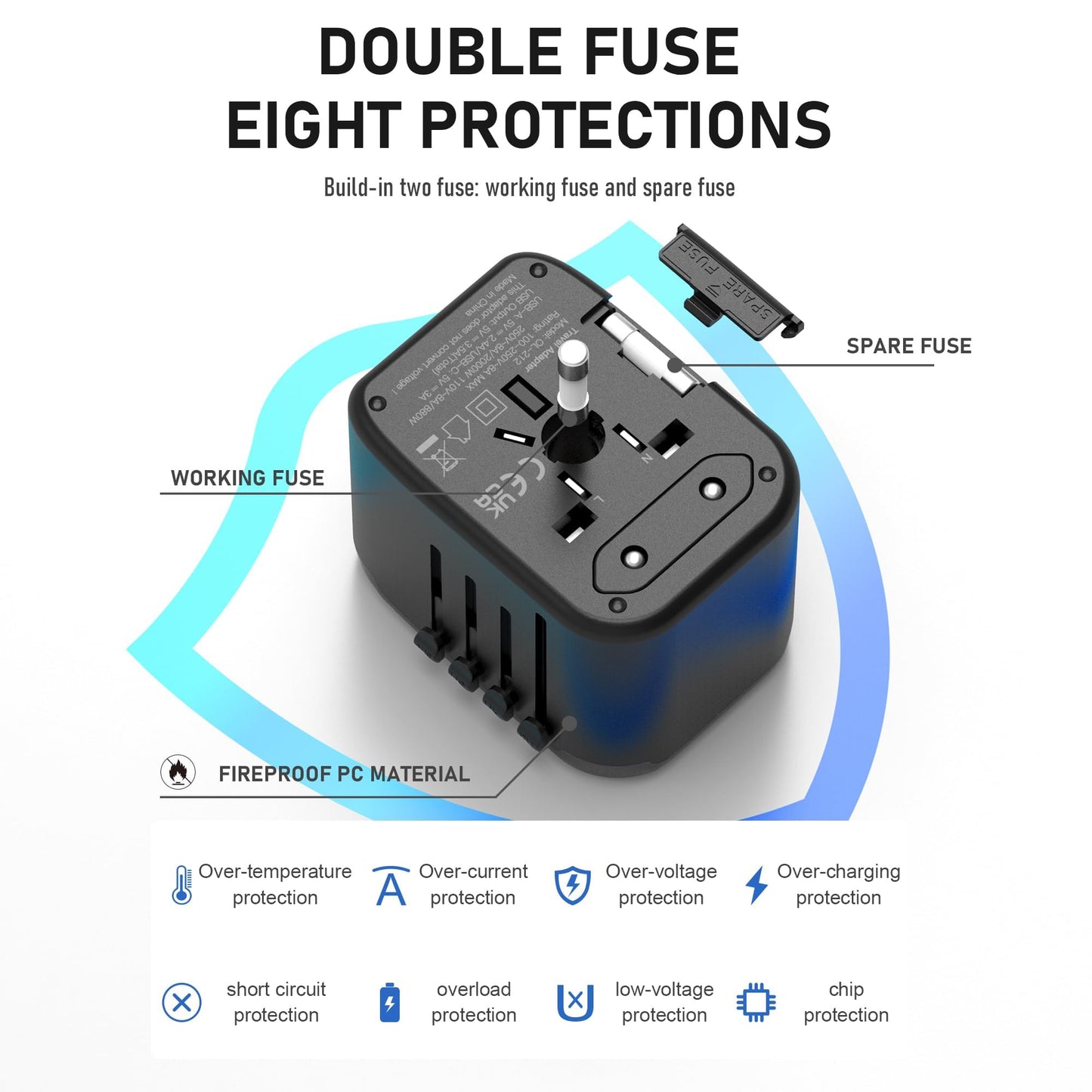 VYLEE Universal International Power Travel Plug Adapter, 5 in 1 European Travel Plug Adapter W/ 3.5A 2xUSB-A and 2xUSB C Wall Charger and Worldwide AC Outlet for Europe USA UK AUS Asia (Black Grey)