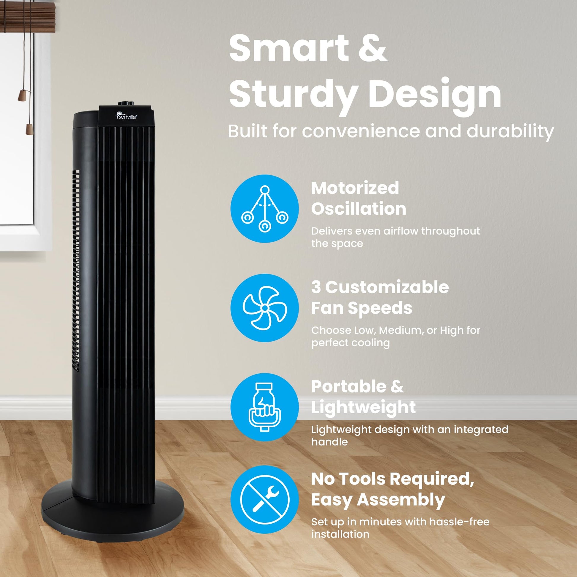 Senville 27" Standing Fan for Bedroom and Home with 60° Oscillation, 3 Speed, Compact Space-Saving Design, SENFZ10-19M - Available at All In One Marketplace Canada