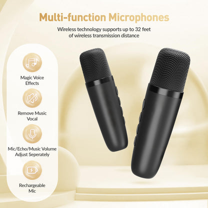 Mini Karaoke Machine, Portable Bluetooth Karaoke Speaker with 2 Wireless Microphones and Party Lights for Kids and Adults, Birthday Gifts for Girls Boys Family Home Party