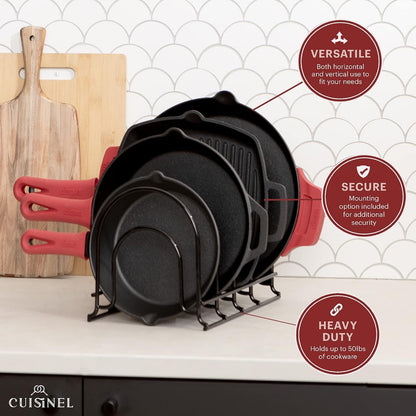Heavy Duty Pan Organizer, 5 Tier Rack - Holds up to 50 LB - For Cast Iron Skillets, Griddles, Pots - Durable Steel Construction - Space Saving Kitchen Storage - No Assembly Required - Black 12.2-Inch Cuisinel