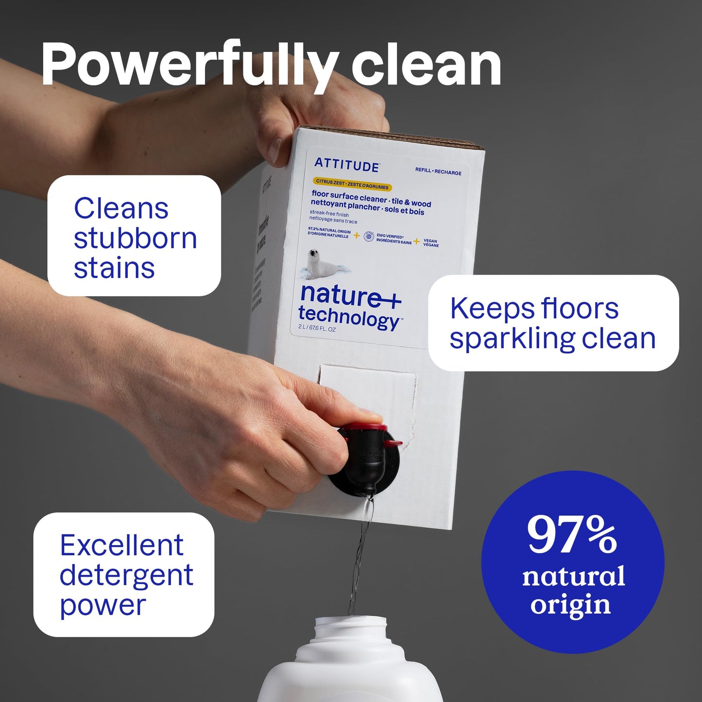 ATTITUDE Floor Cleaner Refill, EWG Verified, Streak-Free, Vegan & Plant-Based for Tile, Wood & Laminate Floors, Made in Canada, Citrus Zest Scent, 2 Liters - Available at All In One Marketplace Canada
