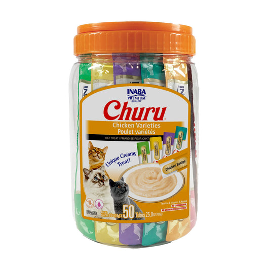 INABA Churu Cat Treats, Lickable, Squeezable Creamy Purée Cat Treat with Green Tea Extract & Taurine, 14 Grams Each Tube, 50 Tubes, Chicken Variety