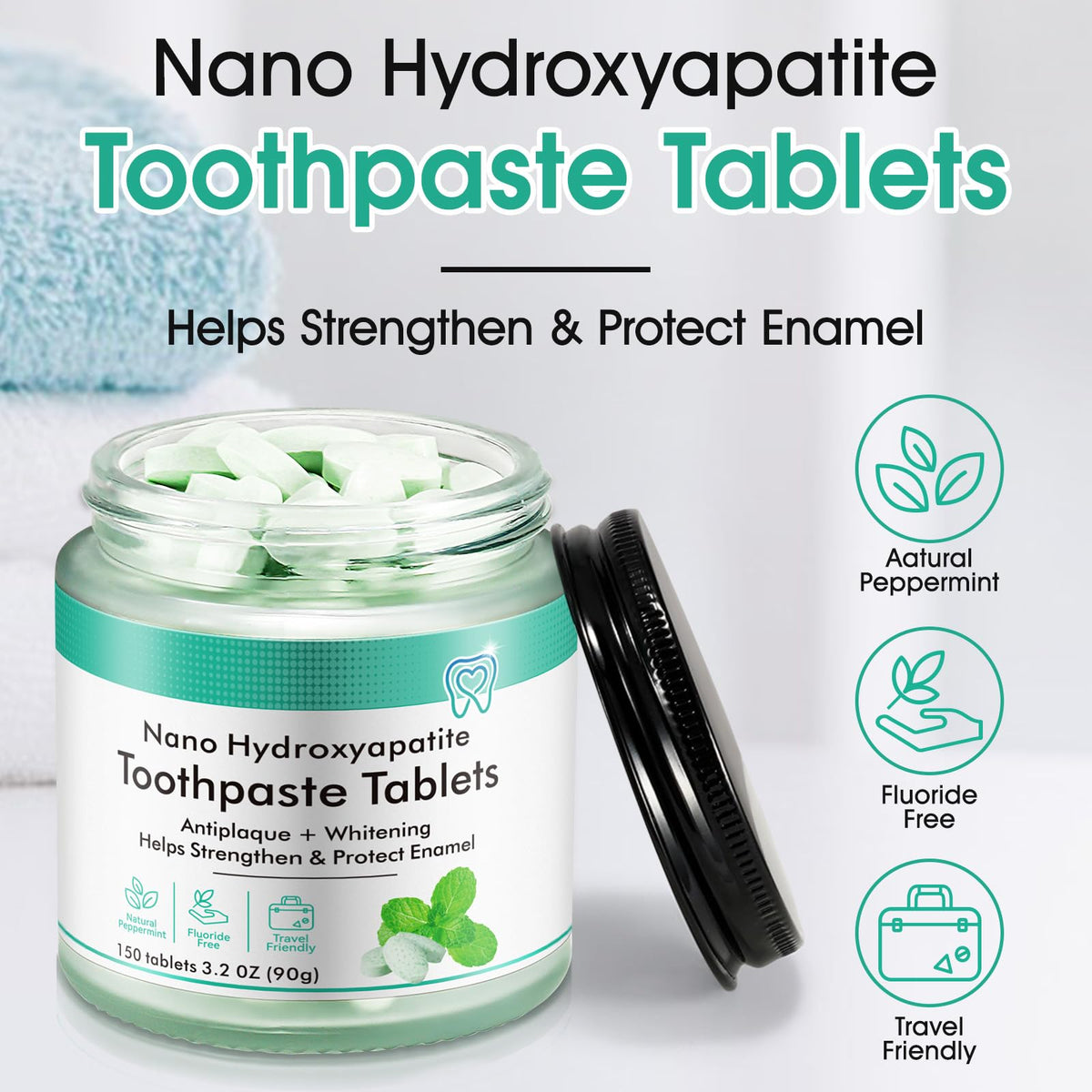 Toothpaste Tablets 150pcs Chewable Whitening - for Sensitive Teeth & Antiplaque - Nano Hydroxyapatite, Natural Peppermint, Fluoride Free - Strengthen & Protect Enamel - Fresh Breath 🍁 All In One Marketplace Canada