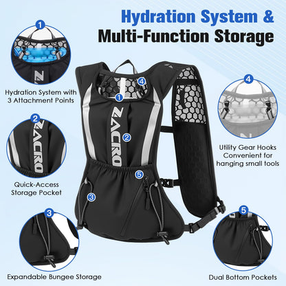 Zacro Running Vest for Men Women, Lightweight Hydration Vest with 2L Water Bladder, Adjustable No Bounce Fit, Breathable Reflective Vest for Marathon, Trail, Hiking, Cycling - Available at All In One Marketplace Canada