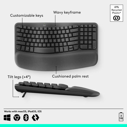 Logitech Wave Keys Ergonomic Wireless Keyboard with Palm Rest - Graphite
