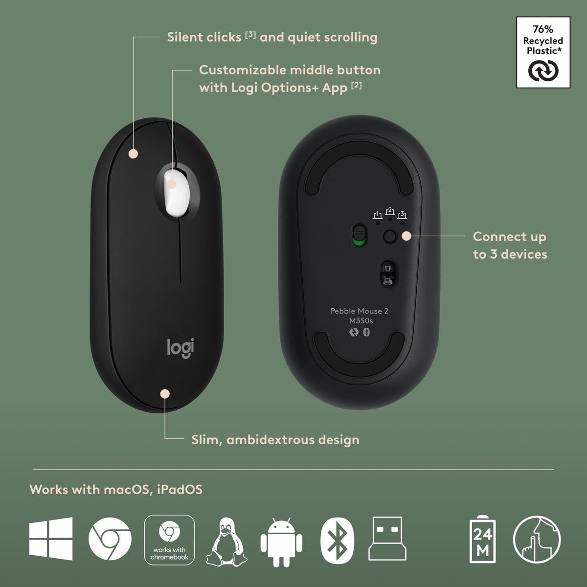 Logitech Pebble 2 Silent Compact Wireless Keyboard and Mouse Combo - Black