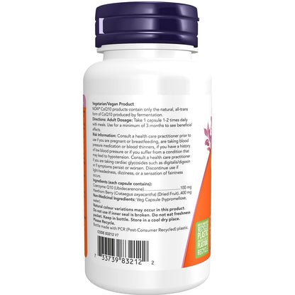 NOW Supplements, CoQ10 100 mg with Hawthorn Berry, Pharmaceutical Grade, All-Trans Form produced by Fermentation, 90 Veg Capsules