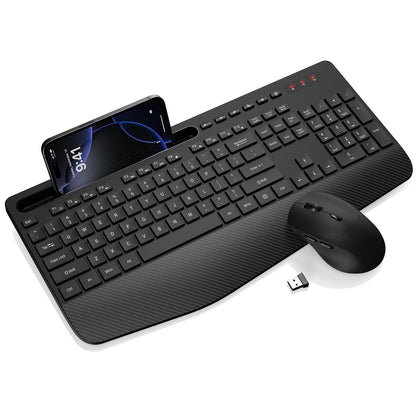 Wireless Keyboard and Mouse Combo - Full-Sized Ergonomic Keyboard with Wrist Rest, Phone Holder, Silent 2.4GHz Cordless Keyboard Mouse for Computer, Laptop, PC, Mac, Windows (Black, 1 Pack)