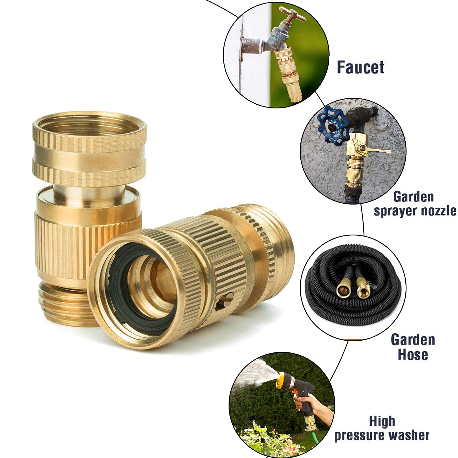 Garden Hose Quick Connectors, Solid Brass 3/4 inch GHT Thread Easy Connect Fittings No-Leak Water Hose Male Female Value Pack (5 Set) with 10pcs Extra Rubber - Available at All In One Marketplace Canada
