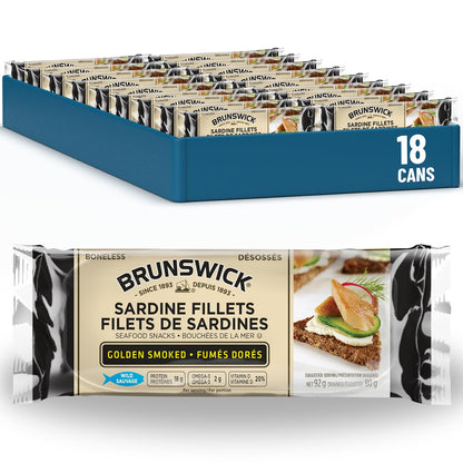 Brunswick Golden Smoked Sardine Fillets - 92g Cans, Pack of 18 | Protein-Rich Seafood Snack with Omega-3 & Vitamin D