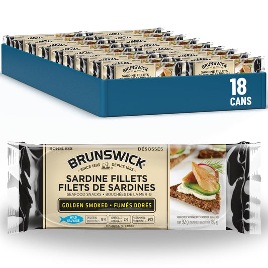 Brunswick Golden Smoked Sardine Fillets - 92g Cans, Pack of 18 | Protein-Rich Seafood Snack with Omega-3 & Vitamin D