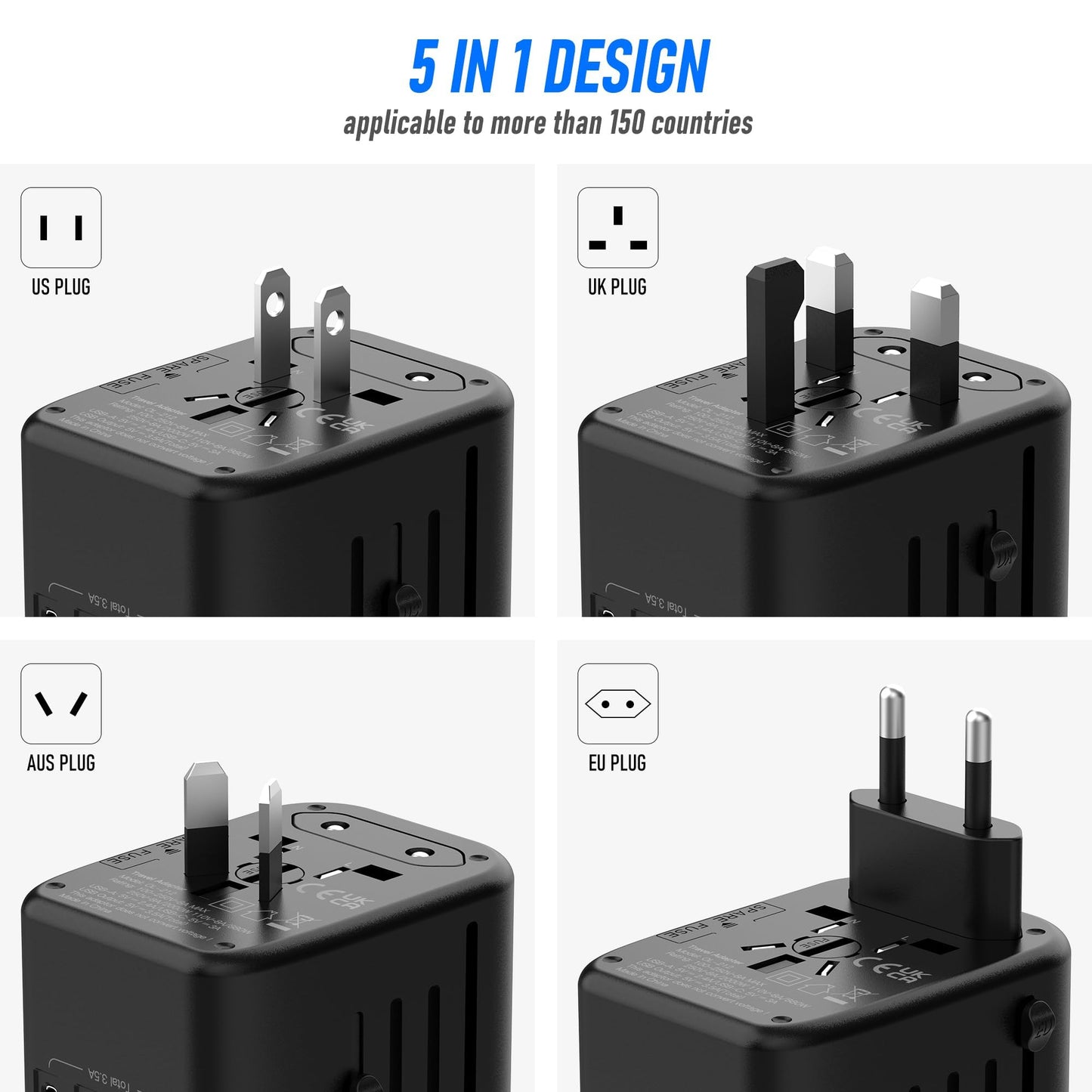 VYLEE Universal International Power Travel Plug Adapter, 5 in 1 European Travel Plug Adapter W/ 3.5A 2xUSB-A and 2xUSB C Wall Charger and Worldwide AC Outlet for Europe USA UK AUS Asia (Black Grey)