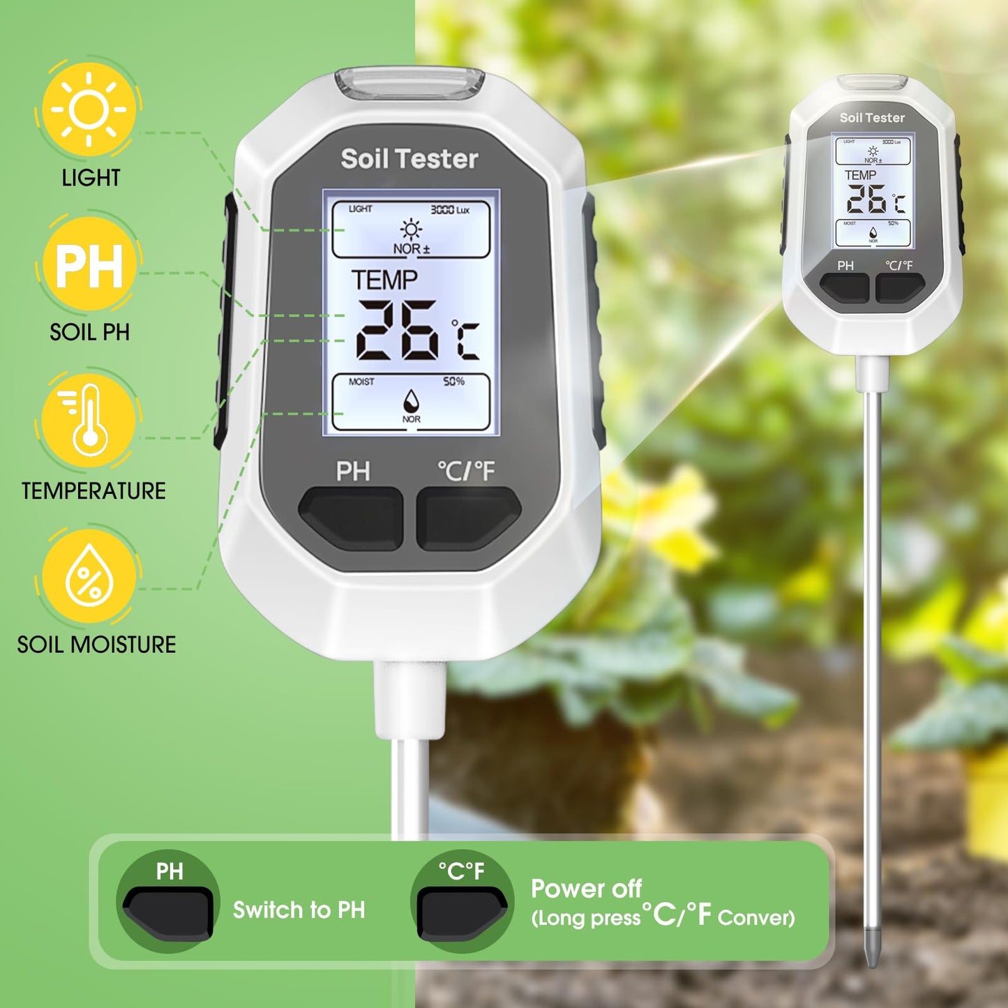 4-in-1 Soil Moisture Meter Digital Plant Temperature/Soil Moisture/PH Meter/Sunlight Intensity Backlight LCD Display Soil Test Meter for Gardening, Farming and Outdoor Plants - Available at All In One Marketplace Canada