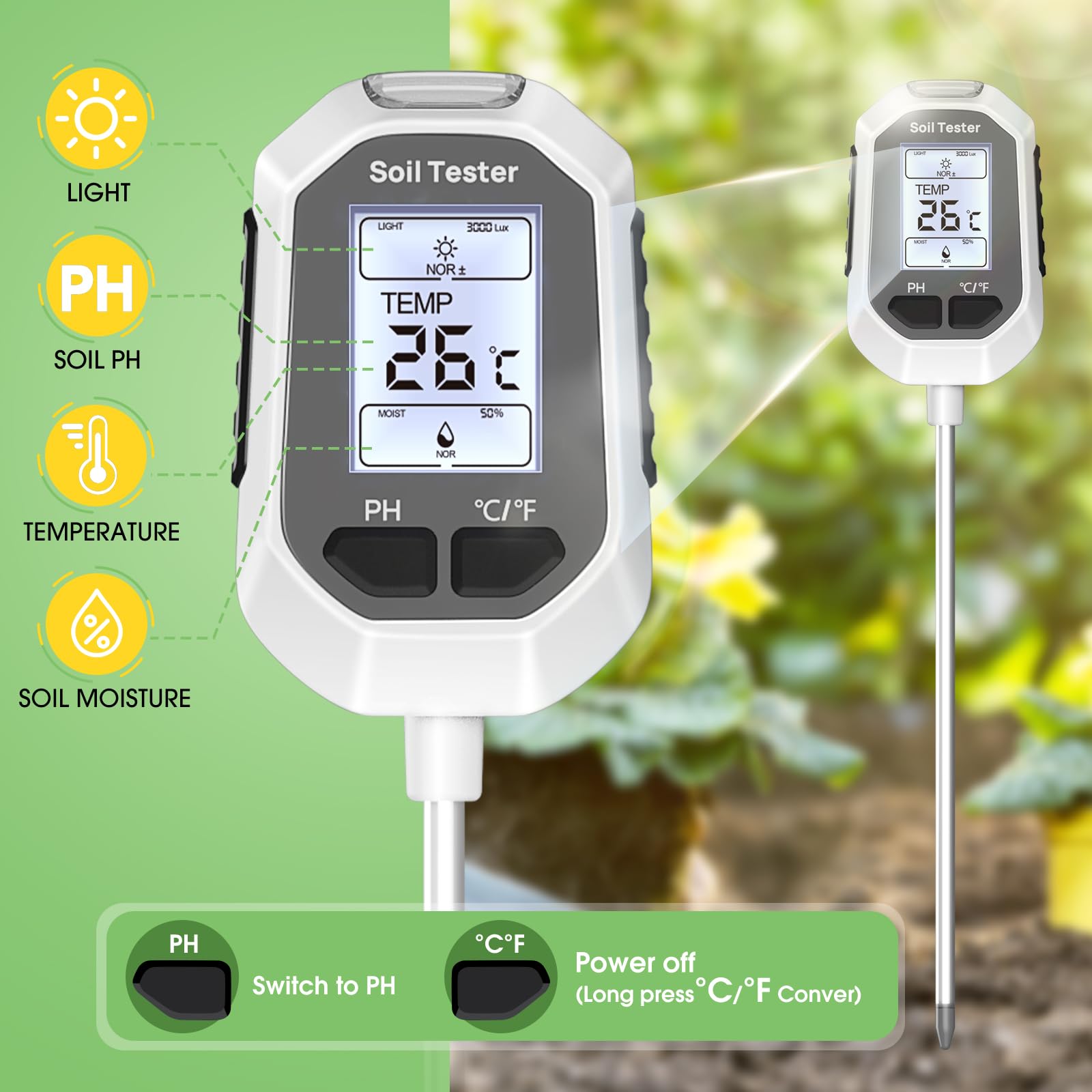 4-in-1 Soil Moisture Meter Digital Plant Temperature/Soil Moisture/PH Meter/Sunlight Intensity Backlight LCD Display Soil Test Meter for Gardening, Farming and Outdoor Plants - Available at All In One Marketplace Canada