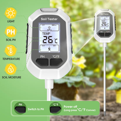 4-in-1 Soil Moisture Meter Digital Plant Temperature/Soil Moisture/PH Meter/Sunlight Intensity Backlight LCD Display Soil Test Meter for Gardening, Farming and Outdoor Plants - Available at All In One Marketplace Canada