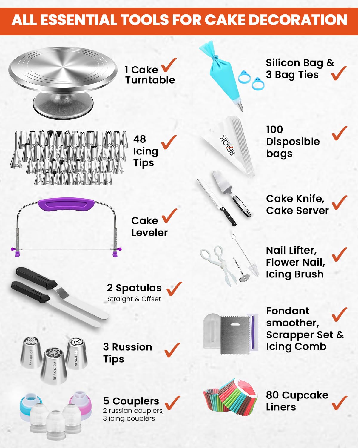 RFAQK 250 PCs Aluminum Cake Decorating Kit with 12" Cake Turntable - 48 Numbered Piping Tips and Piping Bags -Russian Tips -Scrappers -Cake Leveler -Straight & Angled Spatula & Other Baking Supplies 🍁 All In One Marketplace Canada