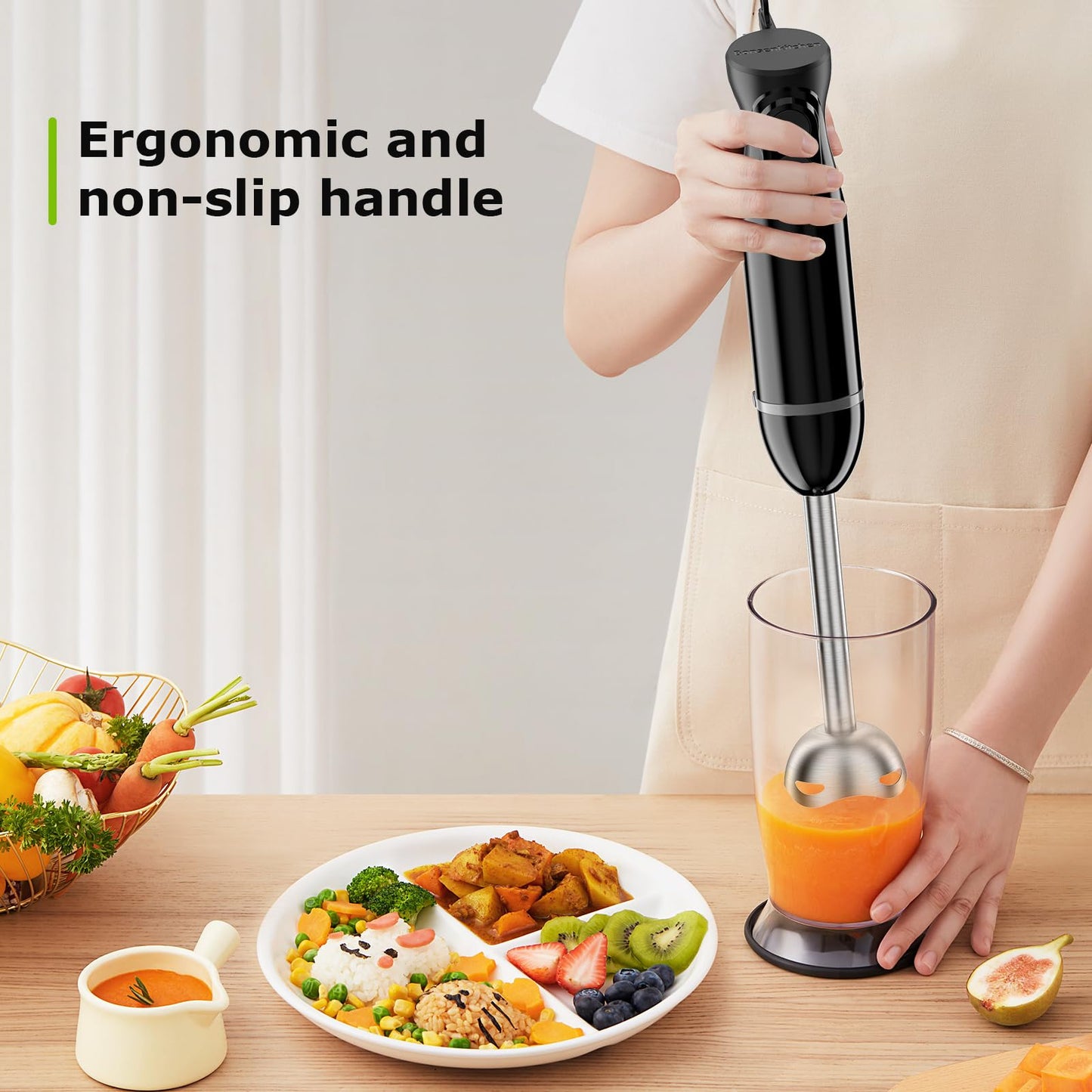 Bonsenkitchen Hand Blender, Immersion Blender with 2 Mixing Speed, Electric Handheld Blender Portable Stick Mixer with Stainless Steel Blades for Soup, Smoothie, Puree, Baby Food - Available at All In One Marketplace Canada