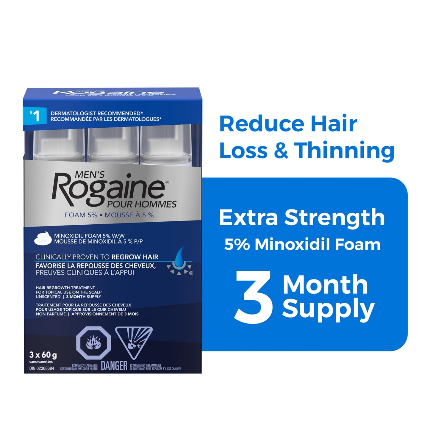 Rogaine Men's Hair Regrowth Treatment with 5% Minoxidil Foam - Clinically Tested for Male Pattern Baldness - 3-Month Supply, Quick-Dry Formula, 3x 60g Canisters