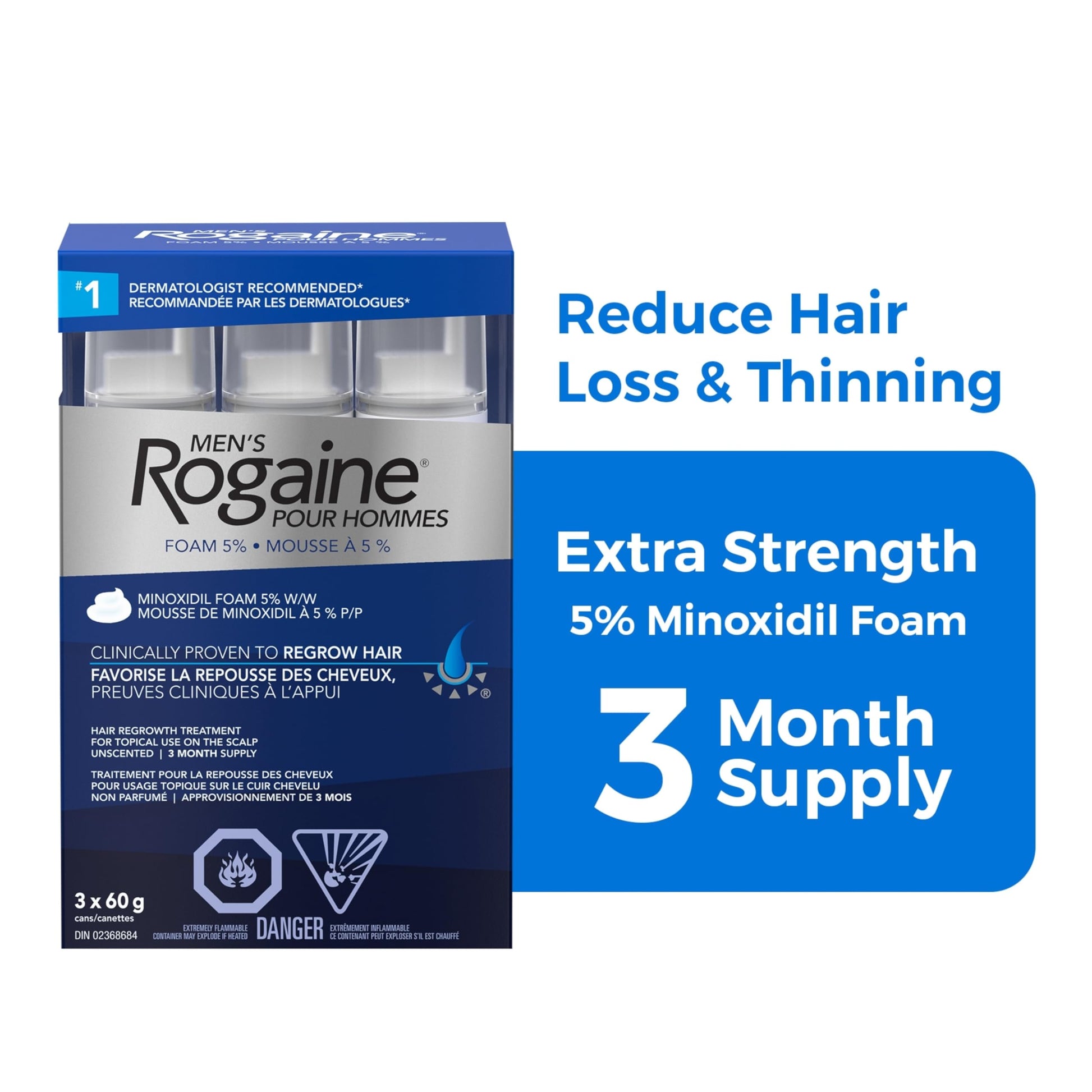 Rogaine Men's Hair Regrowth Treatment with 5% Minoxidil Foam - Clinically Tested for Male Pattern Baldness - 3-Month Supply, Quick-Dry Formula, 3x 60g Canisters