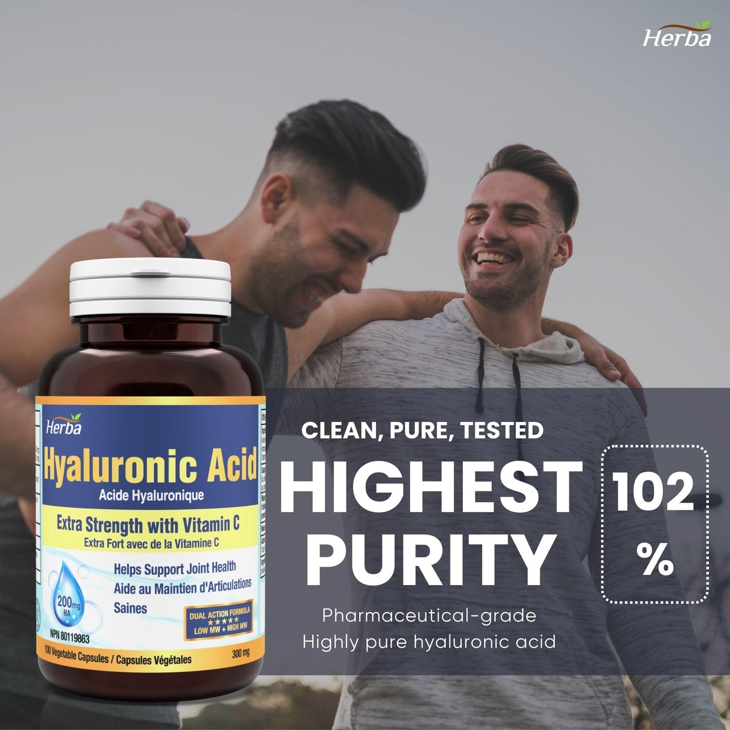 Herba Hyaluronic Acid Supplement 200mg - 100 Capsules | 100% Purity Hyaluronic Acid Capsules with Vitamin C to Support Joint and Bone Health | Made in Canada - Available at All In One Marketplace Canada