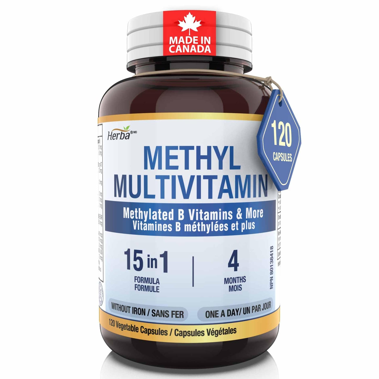 Herba Methylated Multivitamin with 500mg TMG & Methylated B Complex - 120 Capsules | 15 in 1 Formula | B Complex Vitamins for Women & Men including Methyl Folate Supplement | Vegan | Made in Canada - Available at All In One Marketplace Canada
