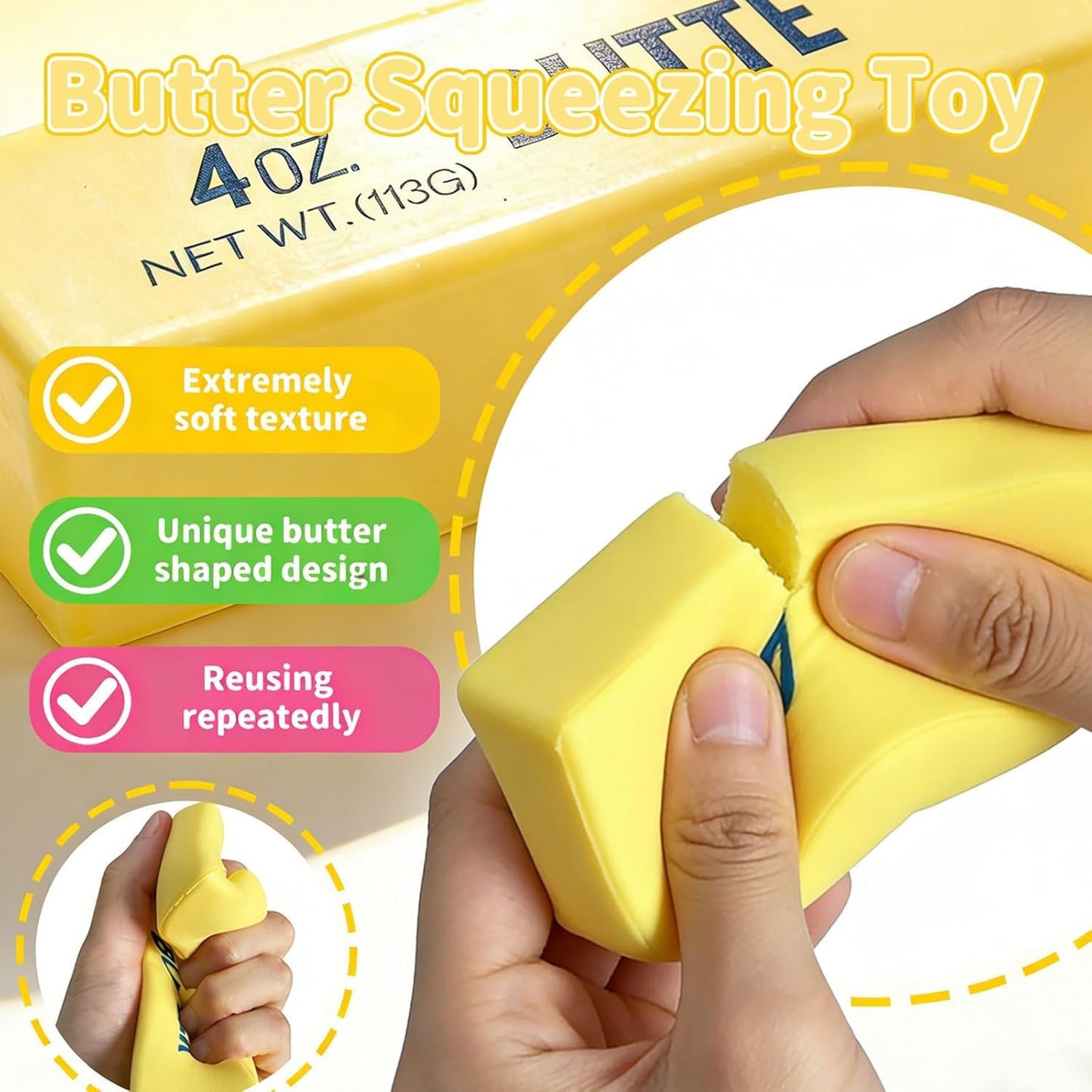 2Pcs Cute Butter Stress Balls,Slow Rebound Realistic Soft Butter Stick Fidget,Slow Rising Portable for Adults Anxiety & Stress Relief (Yellow) - Available at All In One Marketplace Canada
