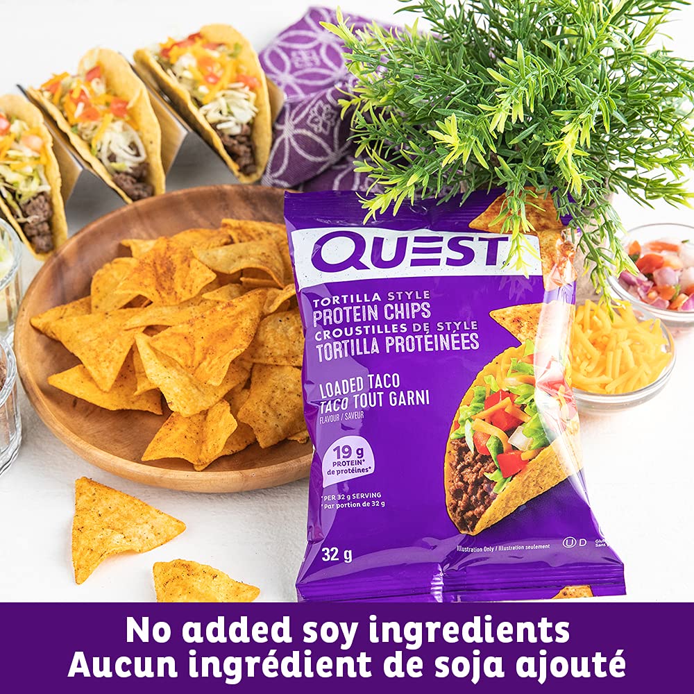Quest Nutrition Tortilla Style Protein Chips, Loaded Taco, High Protein, Baked, Not Fried, Gluten Free, 1g Sugar, 5g Carbs, 8ct