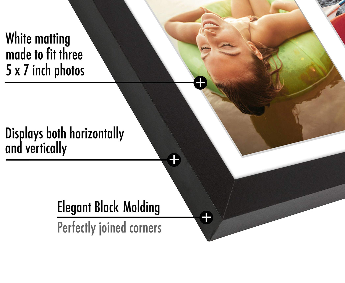 Americanflat 5x7 Picture Frame Collage with Shatter-Resistant Glass - Fits Three 5x7 Photos or Use as One 8x16 Frame - Signature Collection - Collage Frames for Tabletop and Wall Display - Black Americanflat