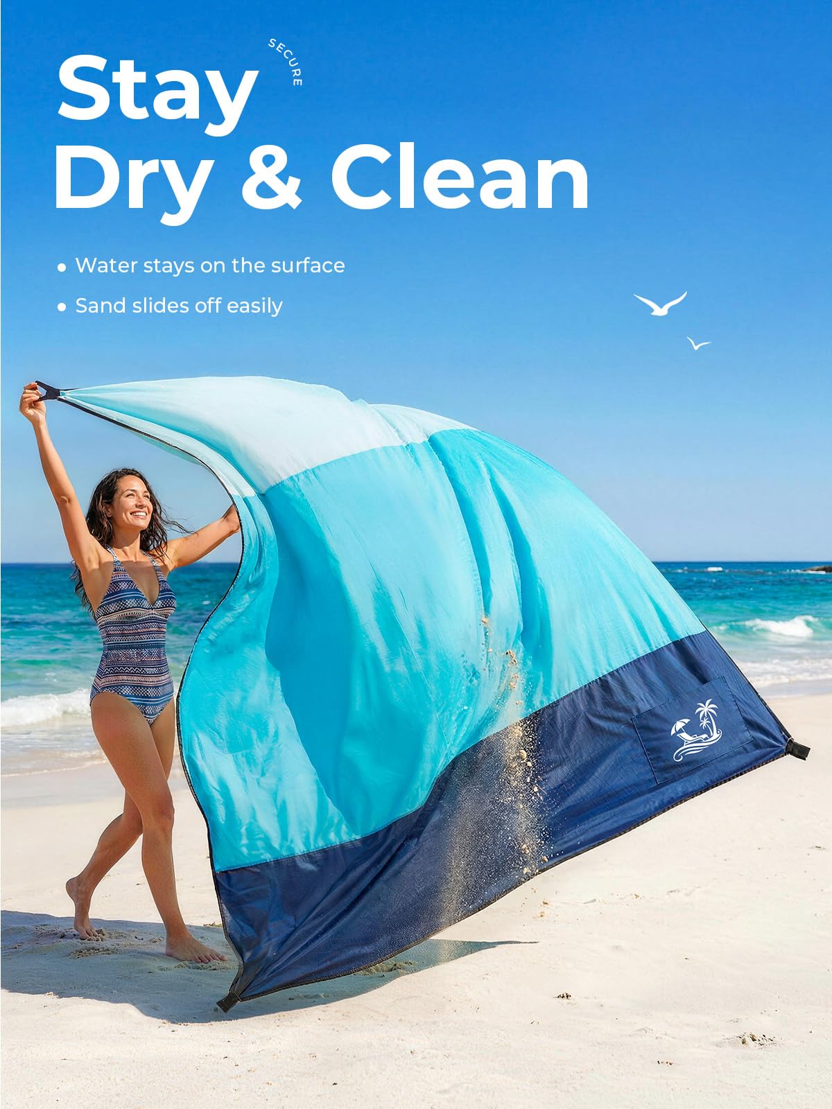 SOLNERY Large Beach Blanket Sand Proof Water Resistant, Beach Mat Sand Free Waterproof, Windproof, Stylish & Skin-Friendly, 8.2 x 6.8 ft, Fits 1–8 People, for Seaside, Picnic & Outdoor(Ocean Blue)