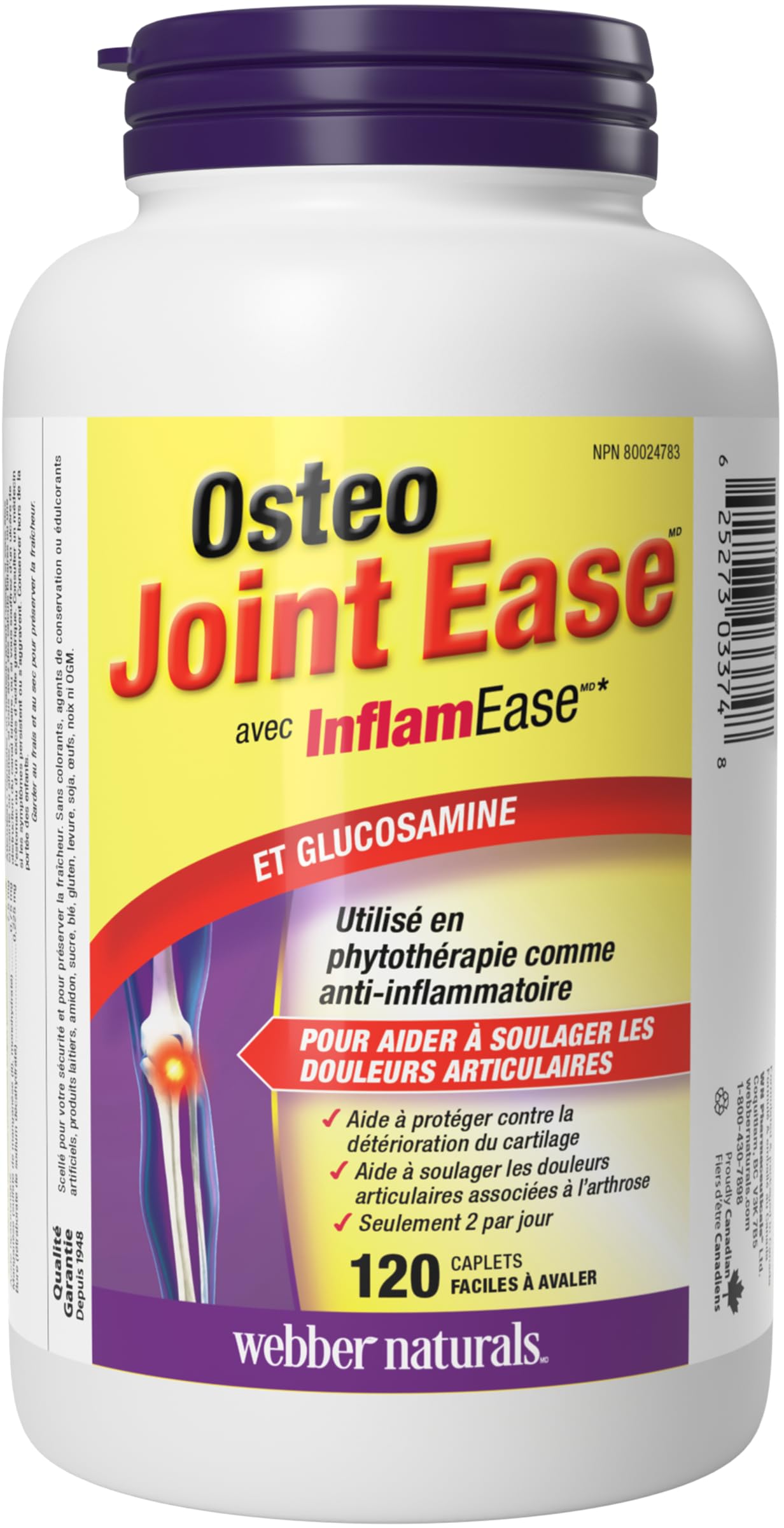Webber Naturals Osteo Joint Ease with InflamEase and Glucosamine, Helps Ease Joint Pain Associated with Osteoarthritis, 120 Caplets Webber Naturals