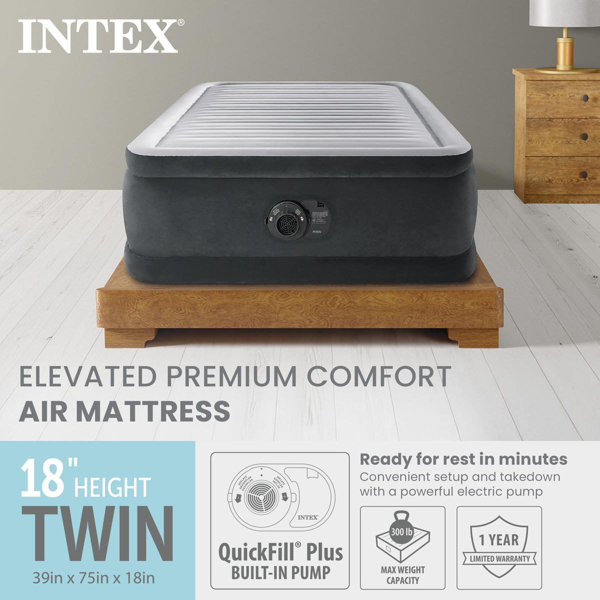 INTEX 64411ED Dura-Beam Deluxe Comfort-Plush Elevated Air Mattress: Fiber-Tech – Twin Size – Built-in Electric Pump – 18in Bed Height – 300lb Weight Capacity