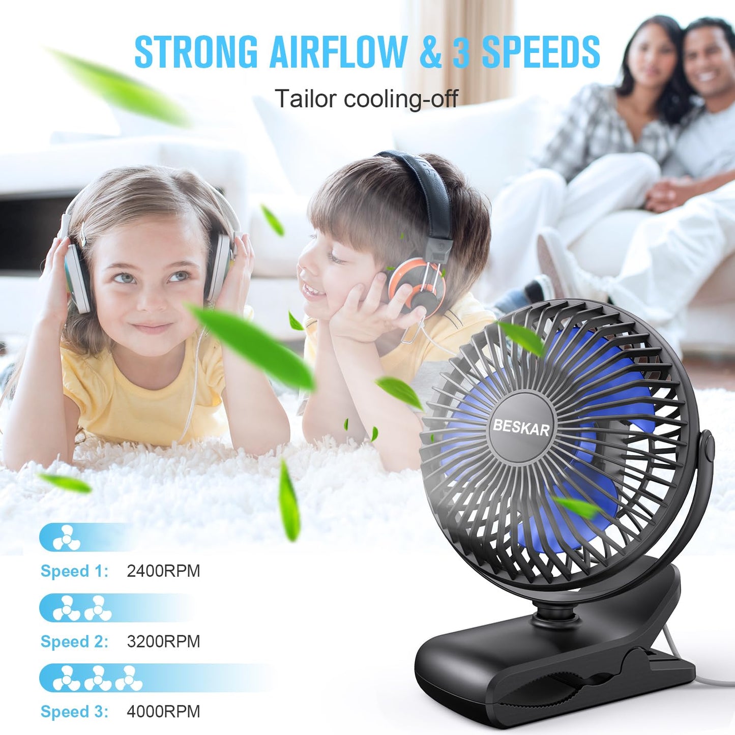 BESKAR USB Powered Clip on Fan, Portable Small Fan with Cord, 3 Speeds Strong Airflow, Personal Fan with Sturdy Clamp, Quiet Desk Fan & Clip Fan - Available at All In One Marketplace Canada