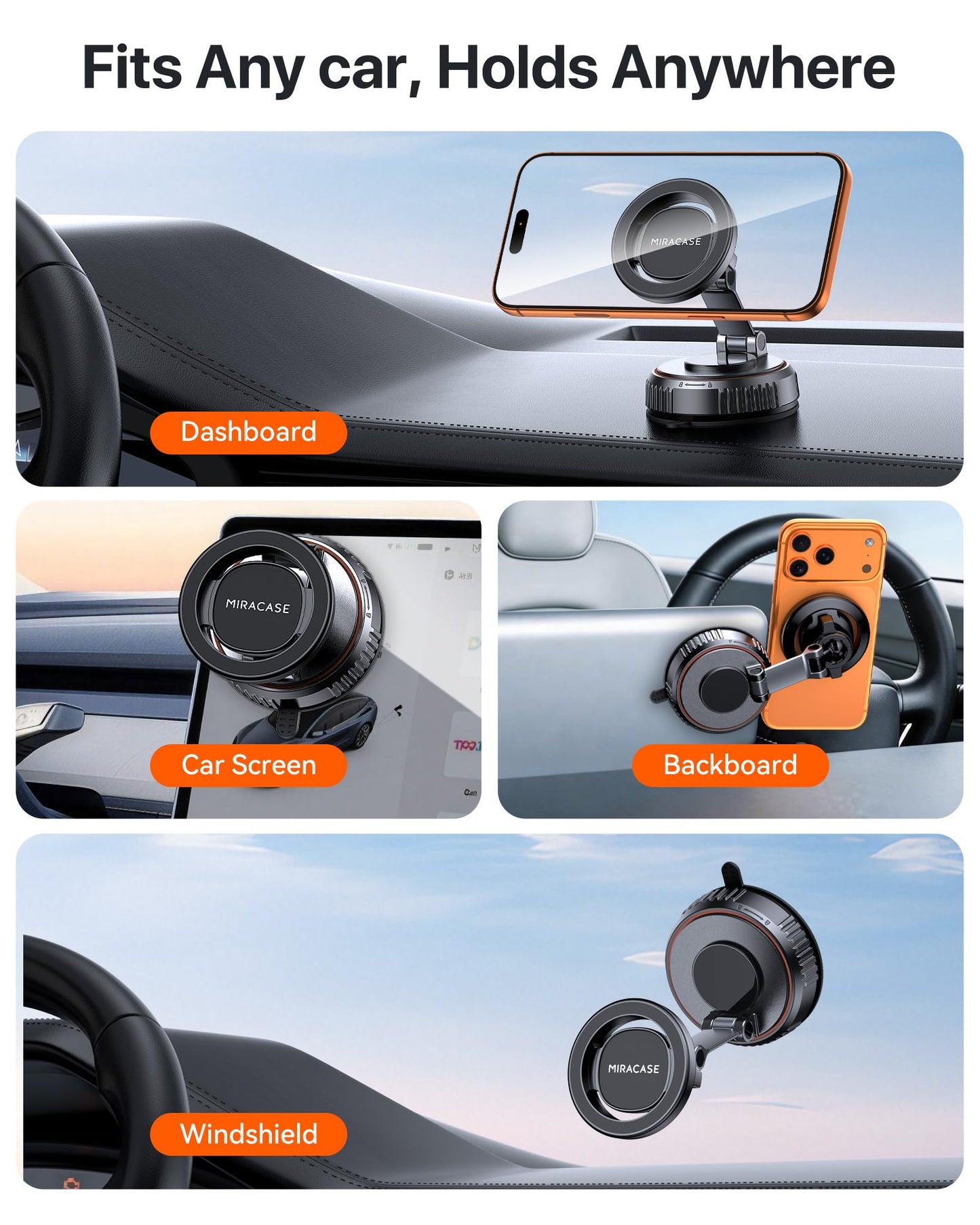 Miracase for MagSafe Car Mount[20 Powerful N55 Magnets+Industrial-Grade Vacuum Base] Magnetic Phone Holder Car 360° Full-Directional Adjustment, Fit for Windshield & Dashboard with All Smartphones