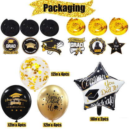 Graduation Decorations Class of 2026, 12Pcs Black and Gold balloons with Swirl and Graduation Garland Congrats Grad 2026 Banner for College High School Party Supplies - Available at All In One Marketplace Canada