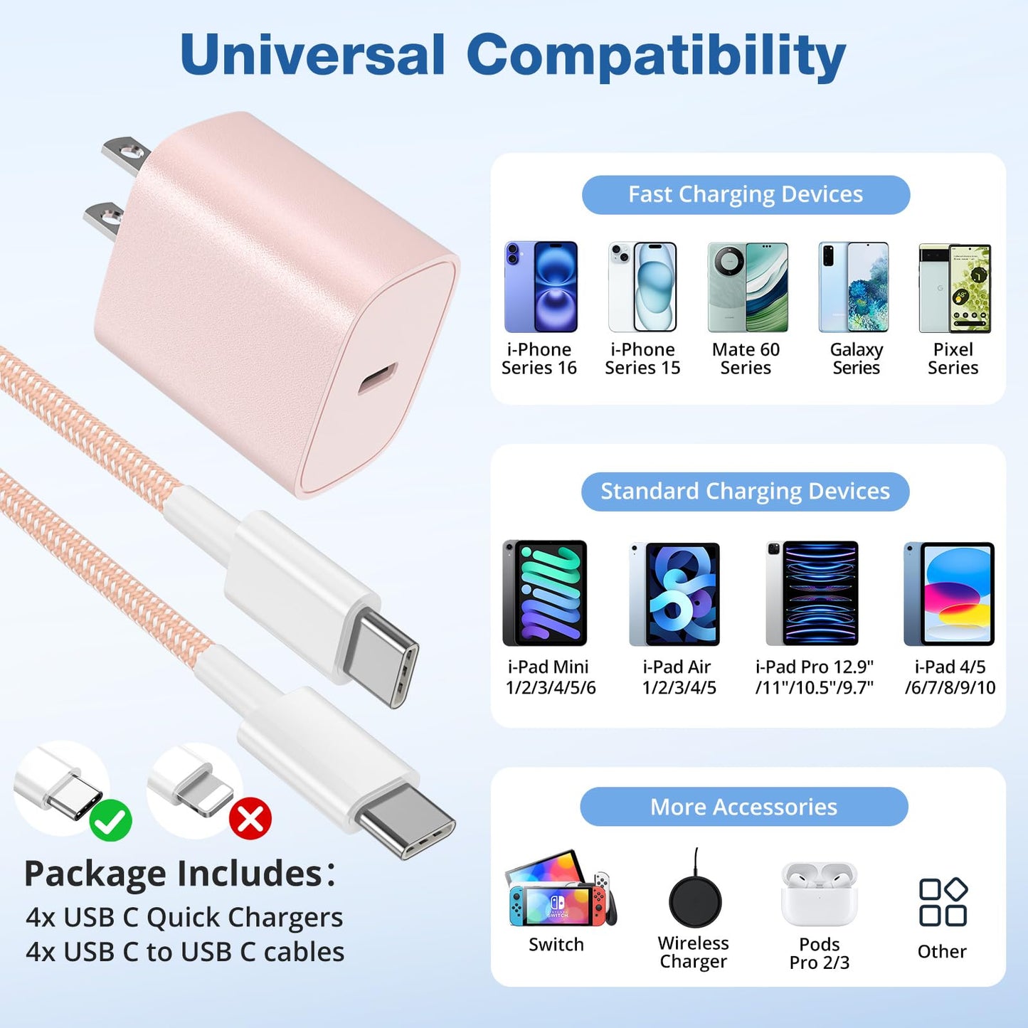 4 Pack USB C Charger for iPhone 16 15 Charger Fast Charging, 20W USB C Fast Charger Block with 6FT USB C to C Cable for iPhone 16 15 Pro Max/15 Plus/iPad Pro12.9/11,iPad Air,iPad mini Android Phones