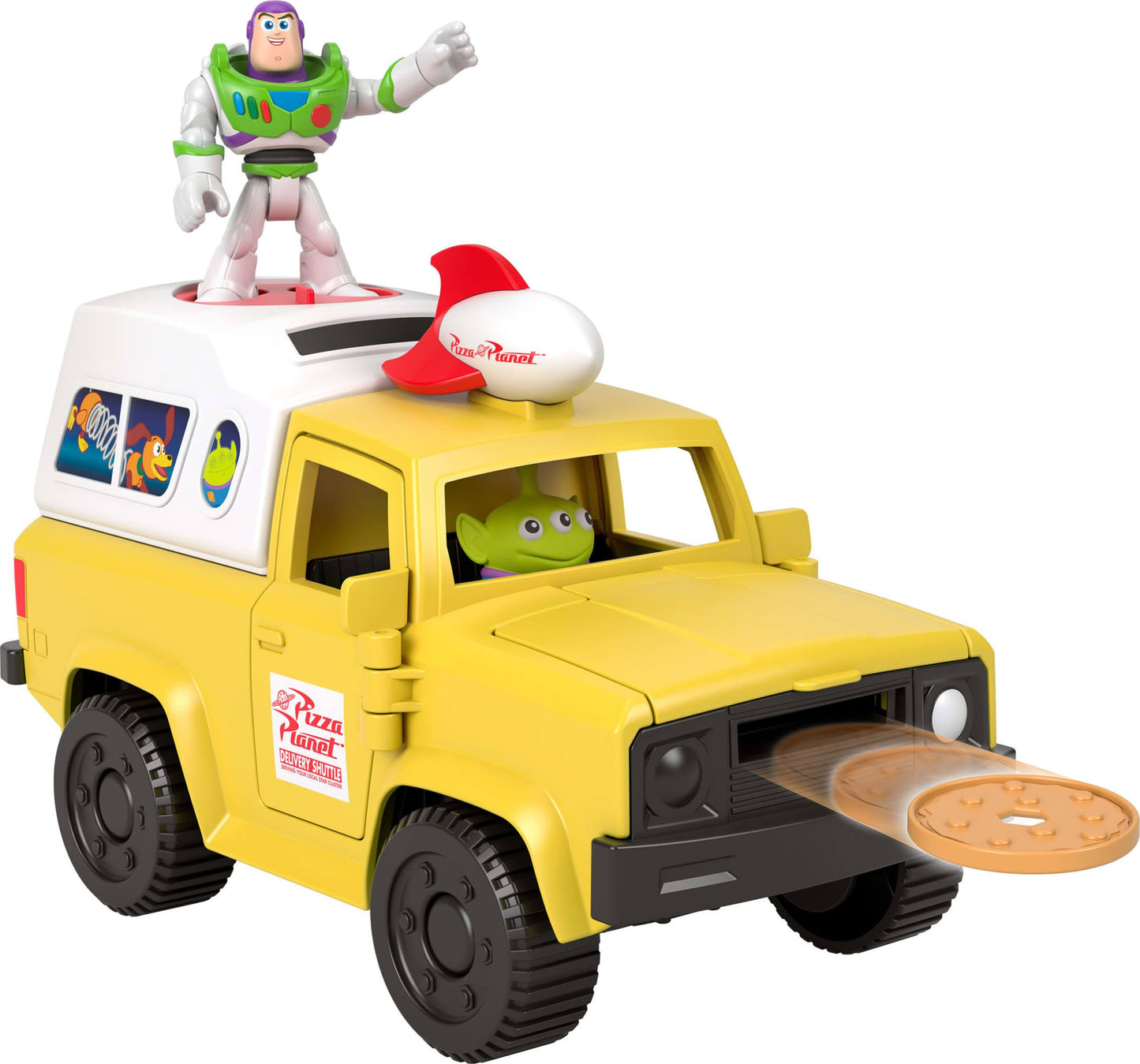 Fisher-Price Imaginext Disney and Pixar Toy Story Pizza Planet Truck with 3-inch Buzz Lightyear & Alien Friend Action Figures, Toy Vehicle & Pizza Projectile Accessories Fisher-Price