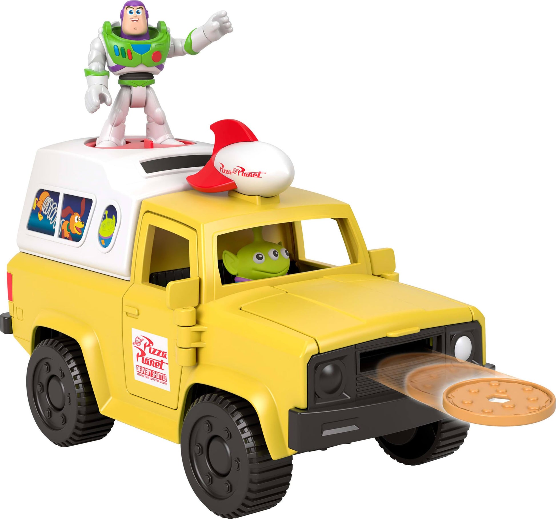 Fisher-Price Imaginext Disney and Pixar Toy Story Pizza Planet Truck with 3-inch Buzz Lightyear & Alien Friend Action Figures, Toy Vehicle & Pizza Projectile Accessories Fisher-Price