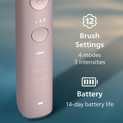 Philips Sonicare DiamondClean 9000 Electric Toothbrush - Sonic Toothbrush with App, Pressure Sensor, 12 Brushing Settings, Brush Head Replacement Reminder, Charging Stand, Travel Case, Pink, HX9911/90