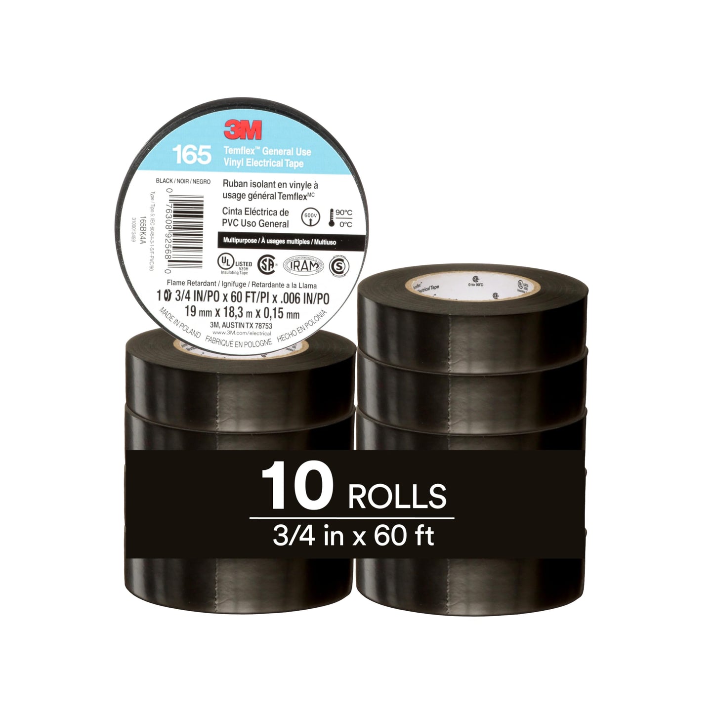 3M Temflex 165, Vinyl Colour Coding Electrical Tape, Black, 3/4in x 60ft, 10 Rolls 3M